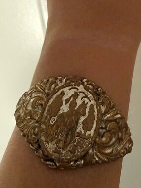 Vintage Gold-Tone Copper Cuff Bracelet with Victorian Lady on Horse Design
